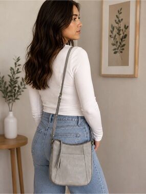 Fossil Grey Leather Crossbody Bag Neutral Pebbled Leather Everyday Purse